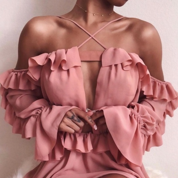NWT House of CB London Serenity Off Shoulder Dress Mini Cut Out Ruffled Pink - Picture 2 of 13